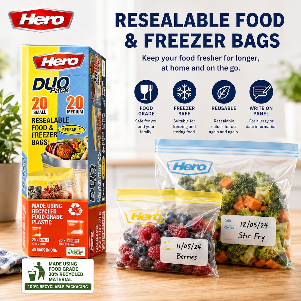 image 1 of Hero Resealable Food & Freezer Bags Duo Pack 40 Pack – 20 Small & 20 Medium Reusable Ziplock Food Storage Bags