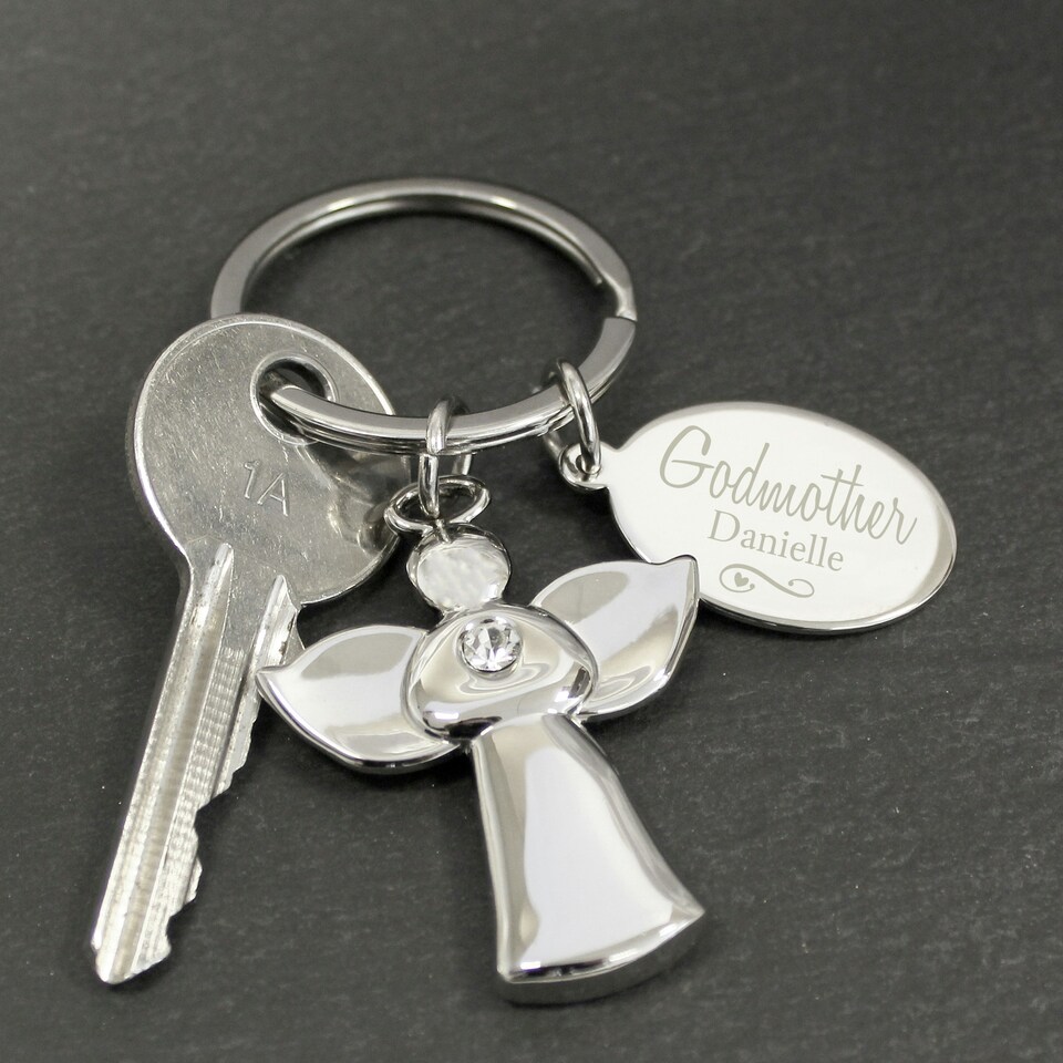image 1 of Personalised Silver Plated Swirls & Hearts Godmother Angel Keyring