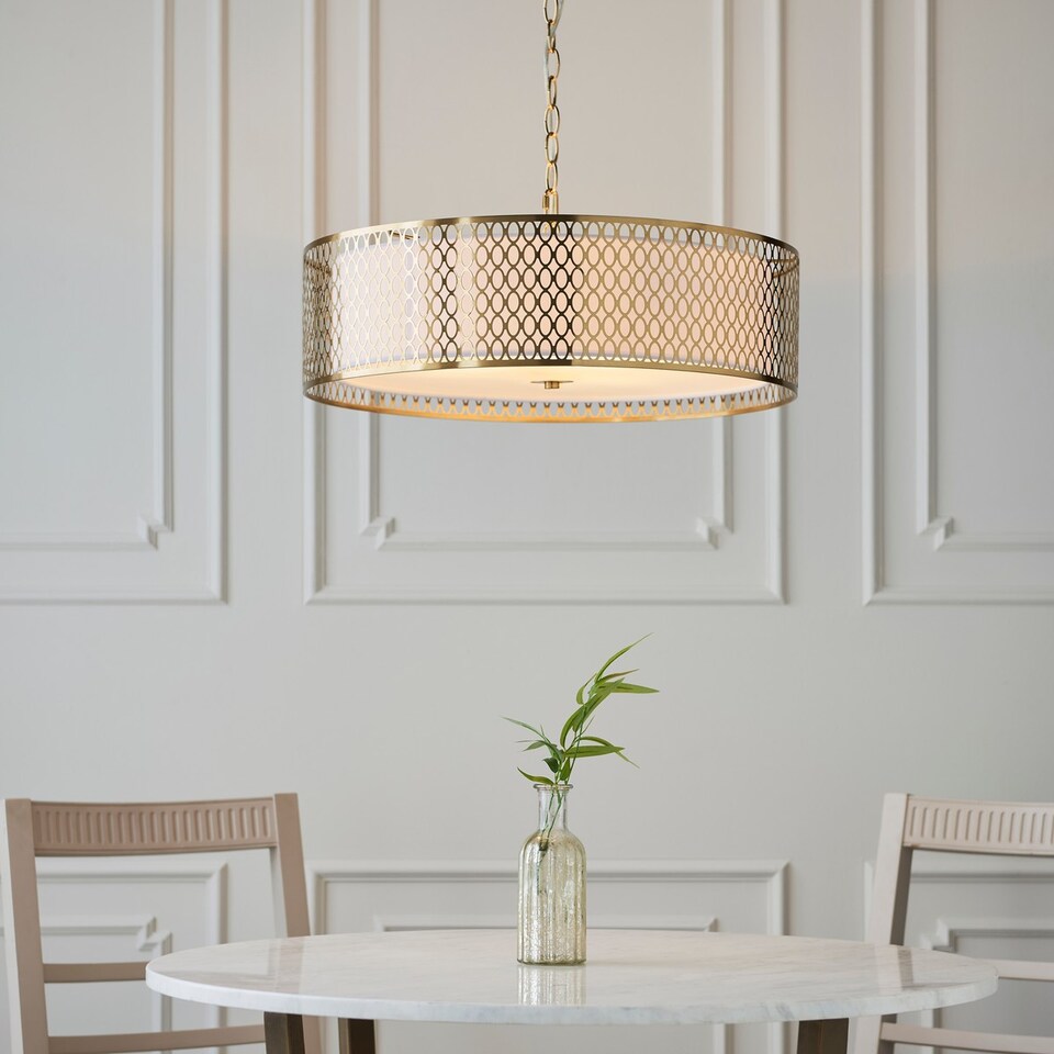 image 1 of Cordero Single Pendant Ceiling Lamp, Gold Effect Plate, White Fabric, Frosted Glass