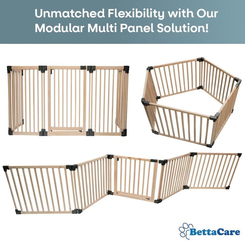 image 1 of Bettacare Wooden Multi Panel Flexible Pet Barrier, Natural Wood, up to 256cm Wide, Dog Barrier for Pets Dogs and Puppy Cream | Natural