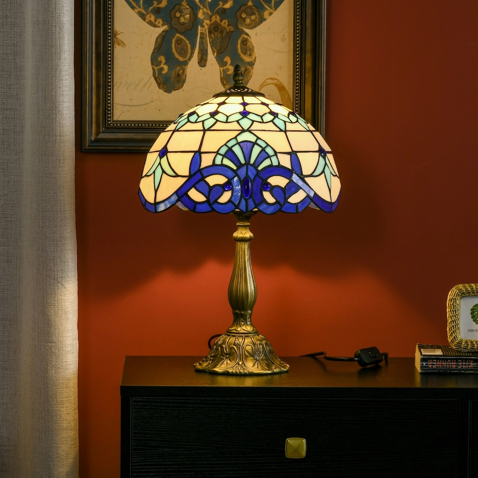 image 1 of HOMCOM Stained Glass Table Lamp, Vintage Lamp with Green Handmade Shade