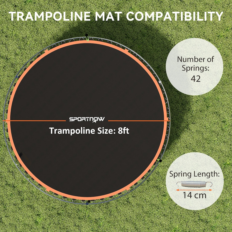 image 1 of SPORTNOW Trampoline Replacement Mat with Eight Rows of Stitching, Spring Pull Tool, 42 V-Hooks, for 8ft Trampoline, Using 14cm Springs, Trampoline Jumping Mat, Orange | Orange