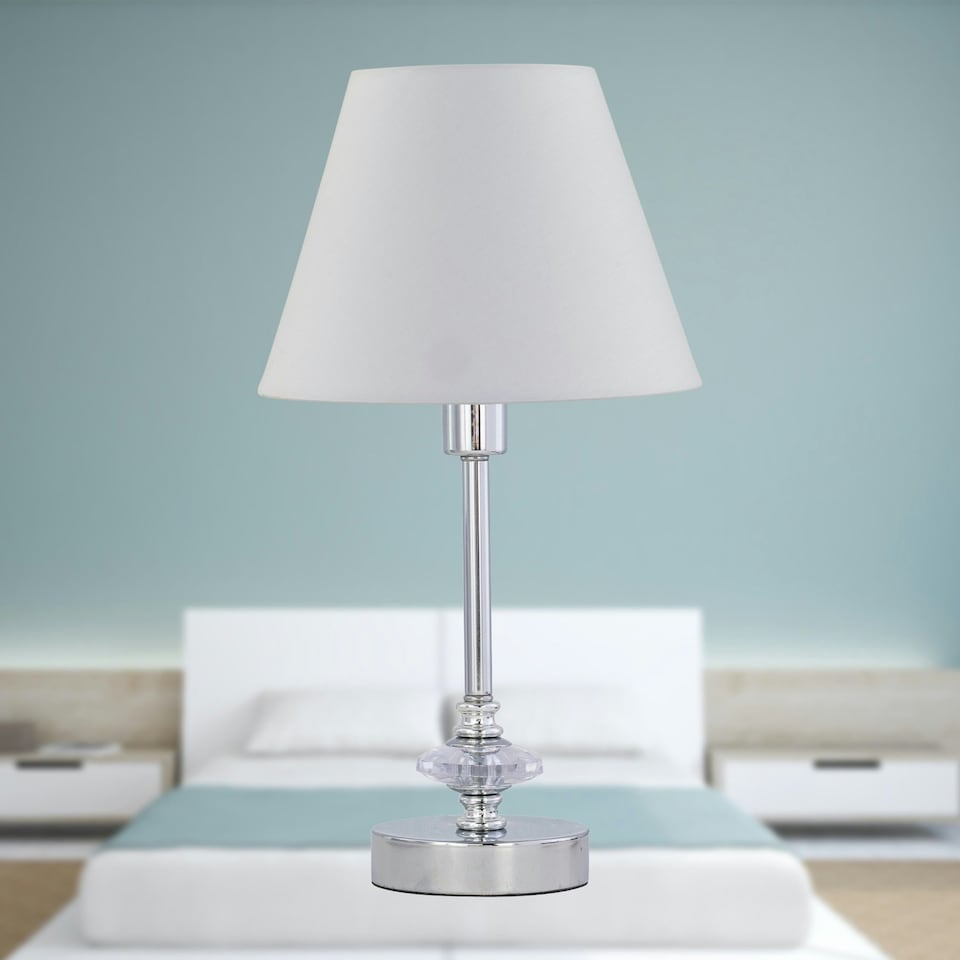 image 1 of Set of 2 Chrome Jewelled Table Lamps with Ivory Off White Shades Chrome | Red