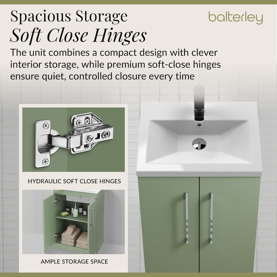 image 1 of Balterley Level Compact Bathroom Cloakroom Vanity Basin Unit with Ceramic Basin, Handles | Green | Satin Green