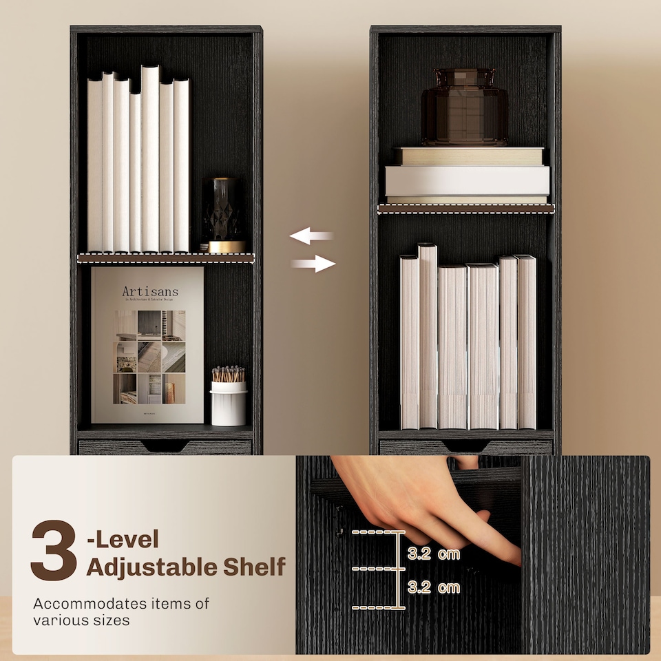 image 1 of HOMCOM Narrow Bookshelf with Drawer, Tall Bookcase for Living Room, Black