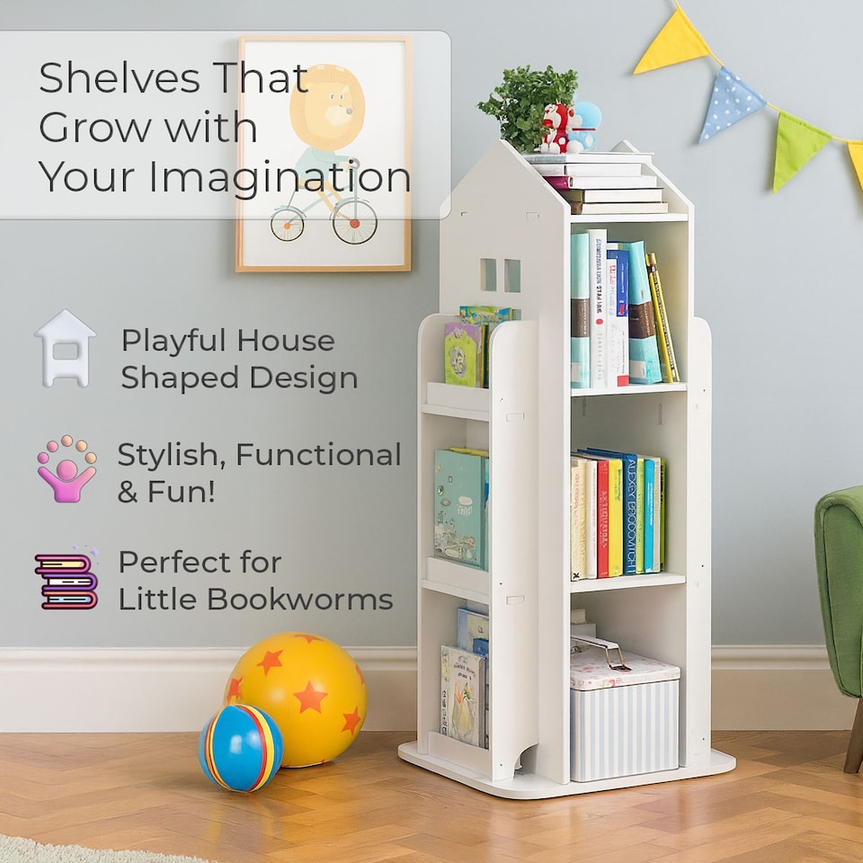 image 1 of Neo House Shaped 360° Rotating Kid's Children's Freestanding Bookshelf | White | White