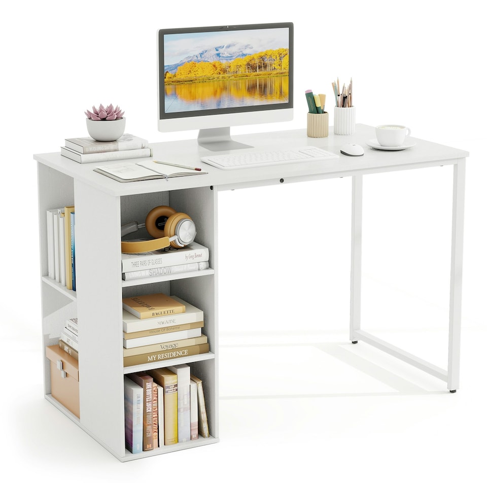 image 1 of COSTWAY Computer Office Desk with 5 Compartments White White