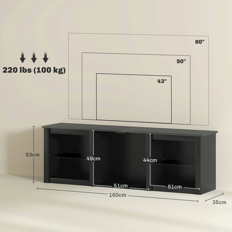 image 1 of HOMCOM 160cm TV Unit w/ LED Lights for 65" TV Modern TV Stand Cabinet Black