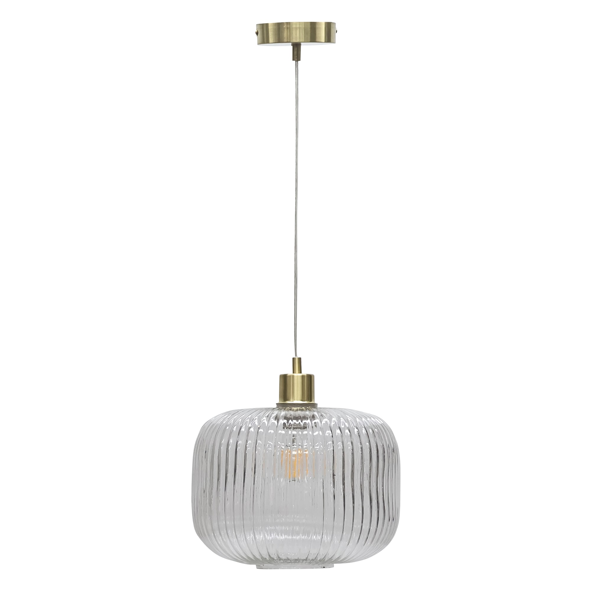 First Choice Lighting Clear Ribbed Glass Kitchen Dining Ceiling Light Pendant with Brass