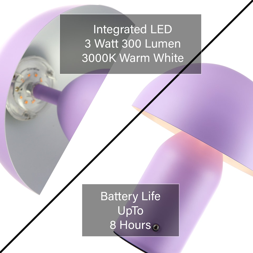 image 1 of Modern Rechargeable Mushroom Table Lamp in Mat Lilac with Touch Dimmer Button | Purple