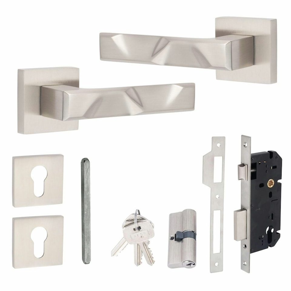 image 1 of Golden Grace Modern Nova Euro Lock Door Handles in Satin Nickel Finish with 70mm Key and Barrell | Grey | 1 Set