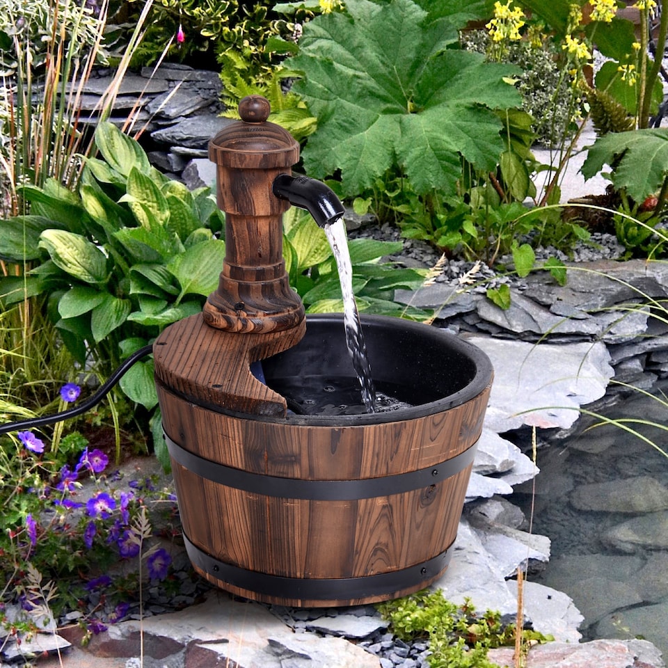 image 1 of Outsunny Garden Barrel Water Fountain Patio Wood Electric Water Feature w/ Pump