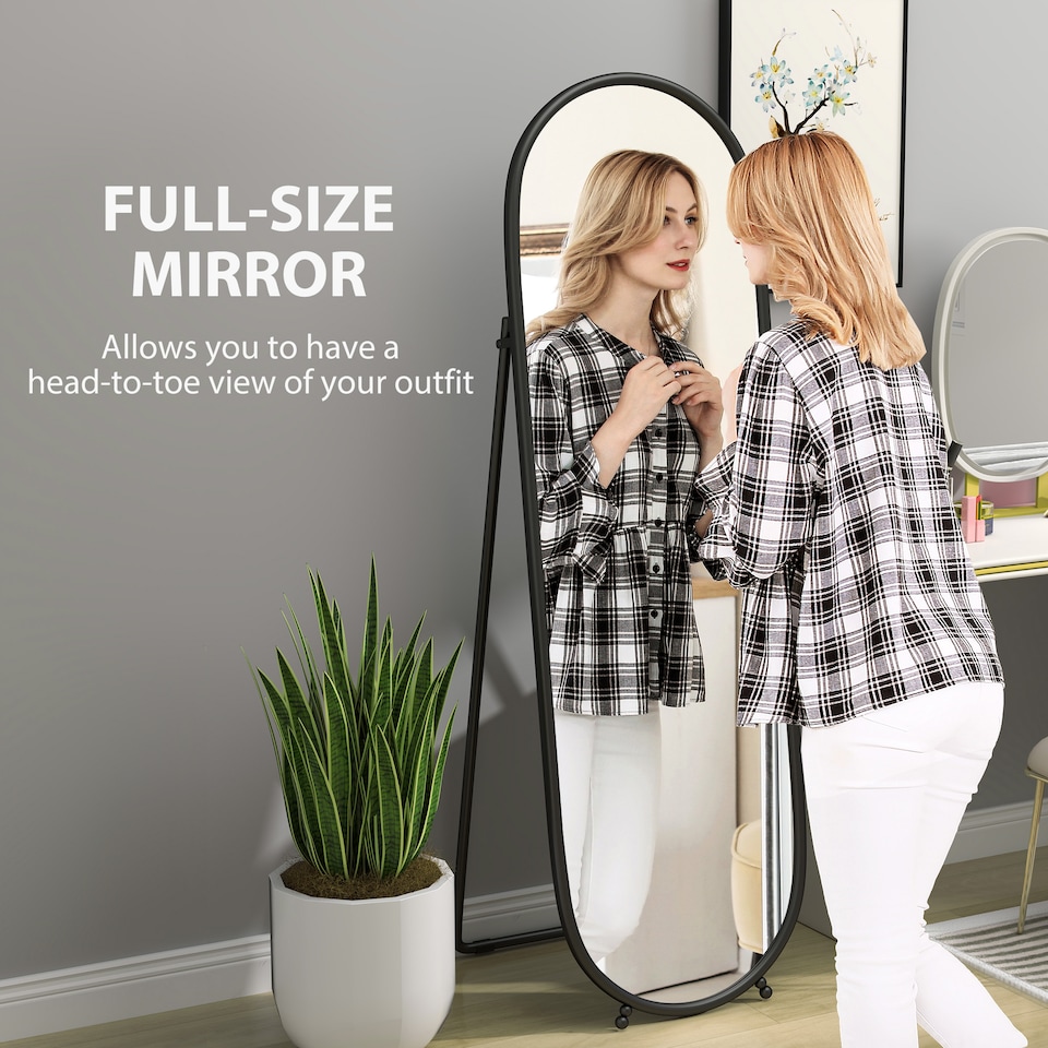 image 1 of HOMCOM 40 160cm Full Length Mirror, Floor Standing or Leaning Against Wall Tall Mirror with Support Frame, Oval Full Body Mirror for Bedroom, Living Room, Black