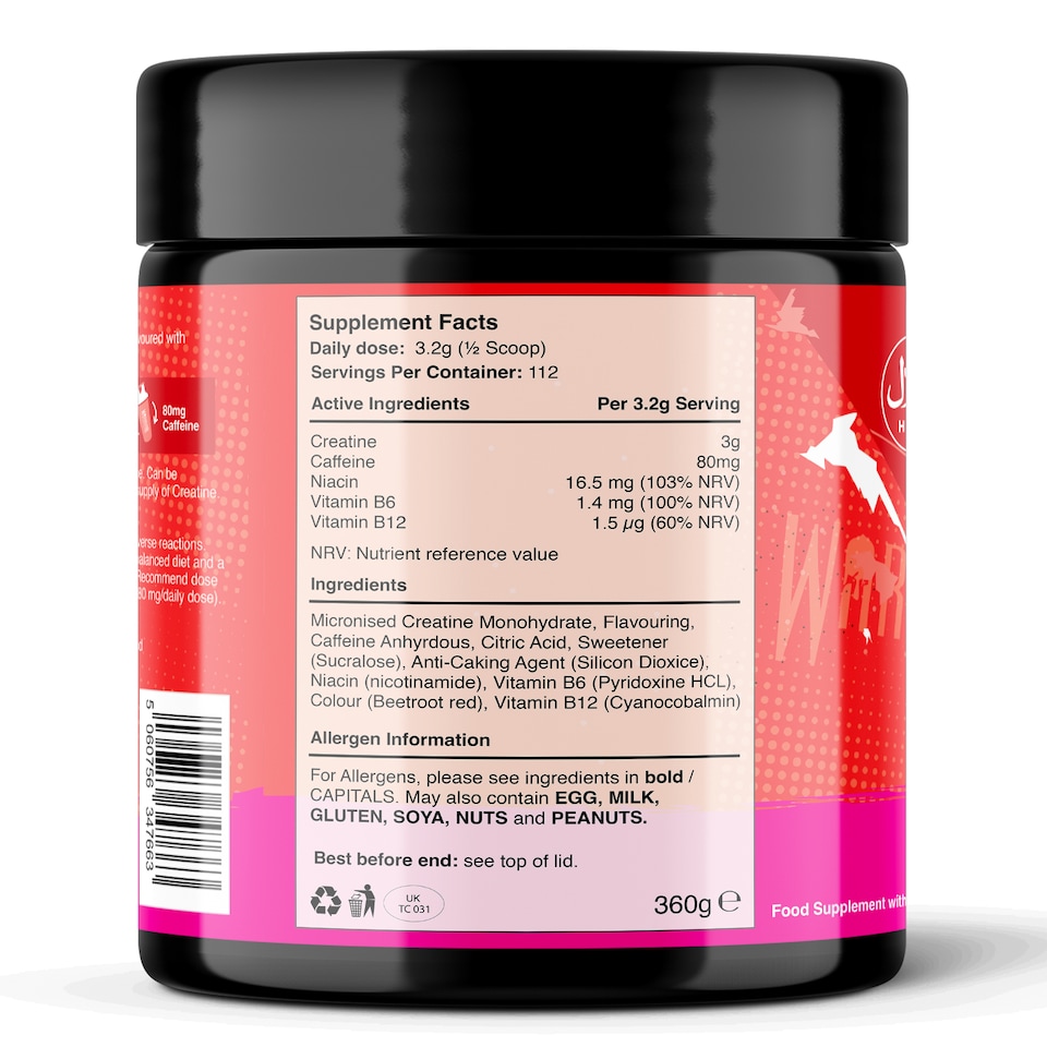 image 1 of Warrior Creatine + Energy – 3g Creatine, 80mg Caffeine & B-Vitamins for Strength, Focus & Stamina – Mixed Berry, 360g (112 Servings)