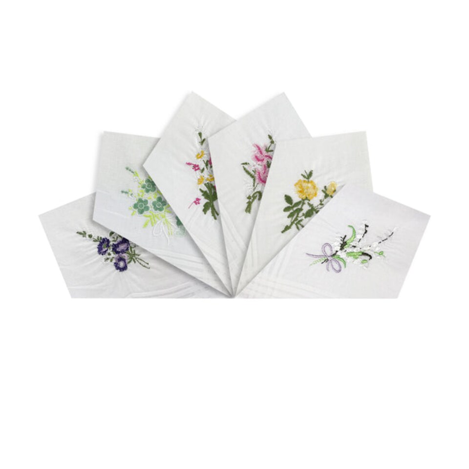 image 1 of Warwick & Vance Pack Of 6 Ladies White Handkerchiefs, Floral Embroidered Collection With Satin Stripe Borders