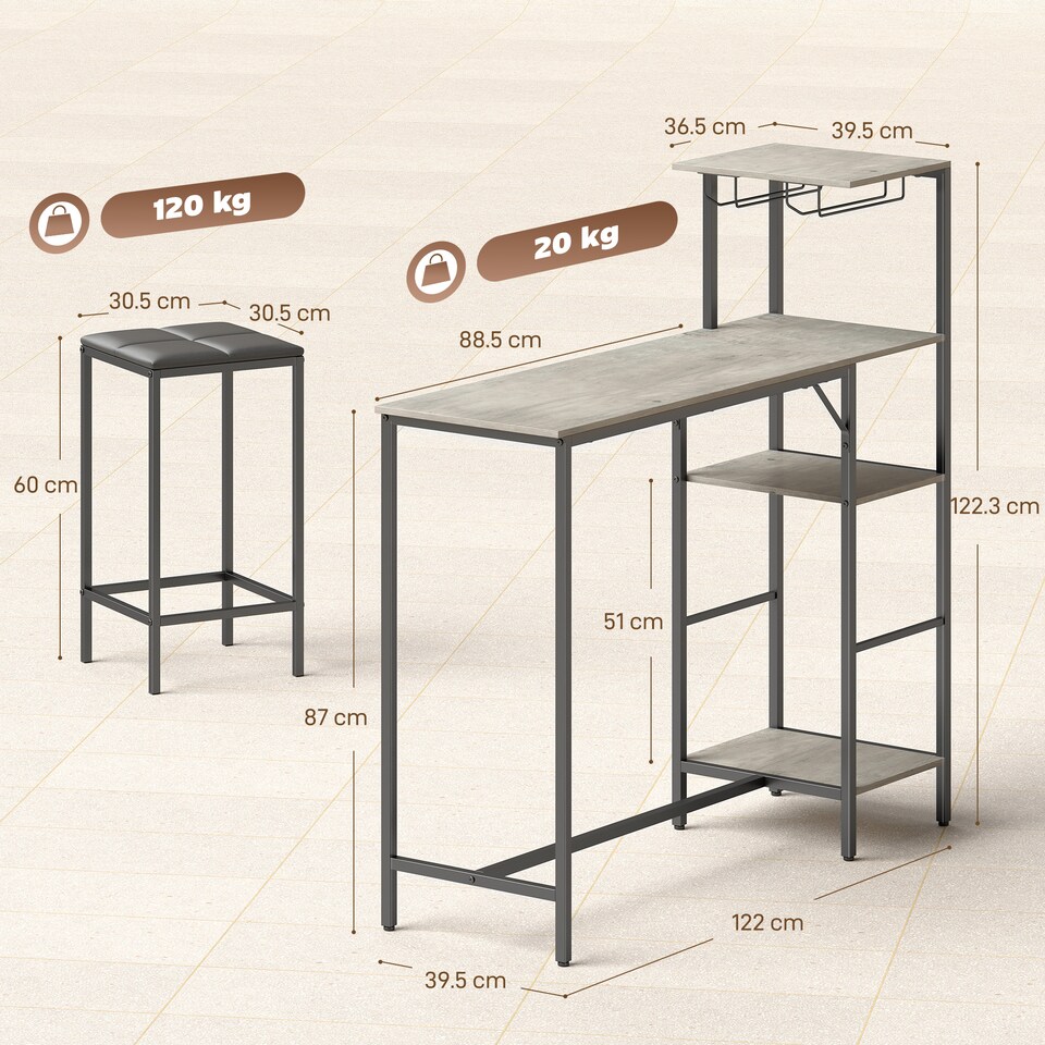 image 1 of HOMCOM 3Pcs Breakfast Bar Table and Stools Set 4-tier shelving | Black | Grey, Black | Table: 122W x 39.5D x 122.3H cm; Stool: 30.5W x 30.5D x 60H cm