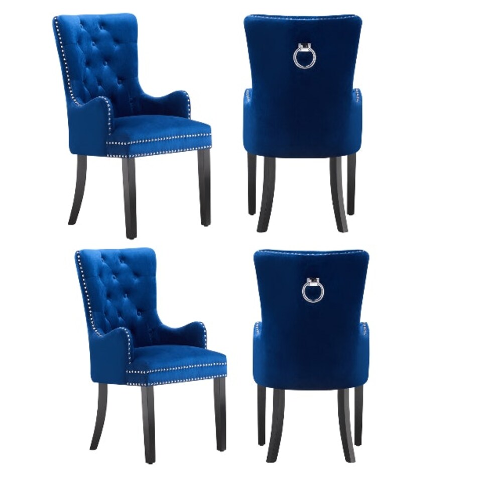image 1 of Set of 4 Velvet Dining Chairs with Armrest, Ergonomic Scoop Knockerback & Button Tufted Wood Legs Blue