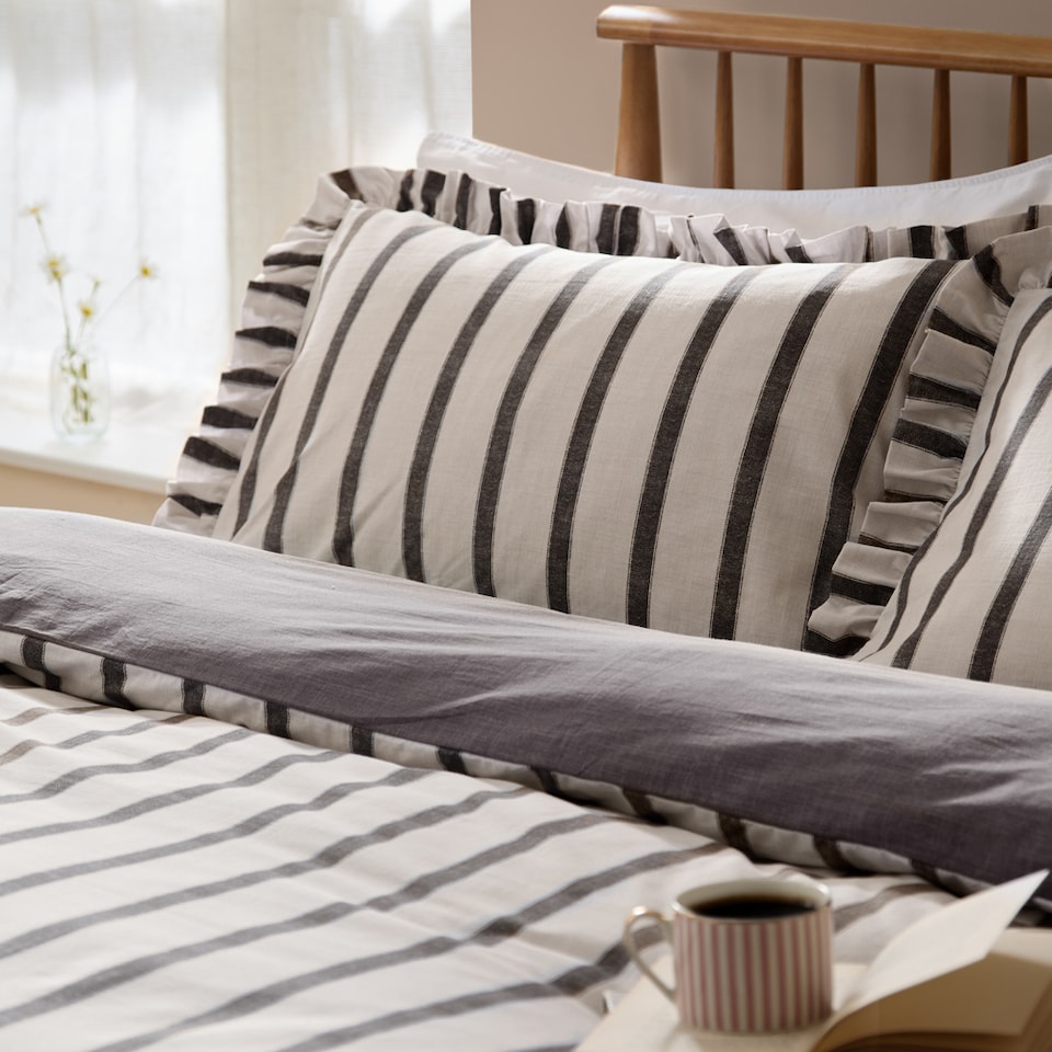 image 1 of Wylder Connie Striped Ruffle Duvet Cover Set | Brown | Chocolate | King | 1
