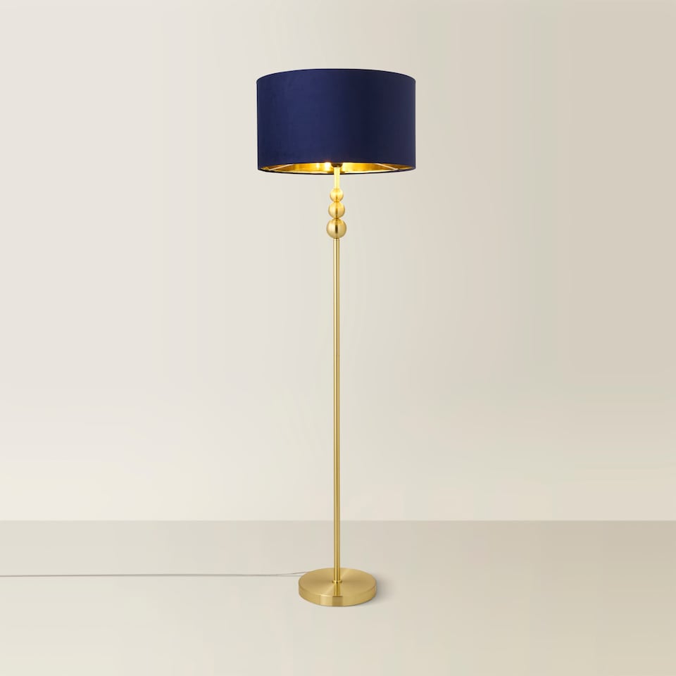 image 1 of ValueLights Marissa Gold Stacked Ball Floor Lamp with Navy Blue Velvet with Gold Inner Shade | Blue