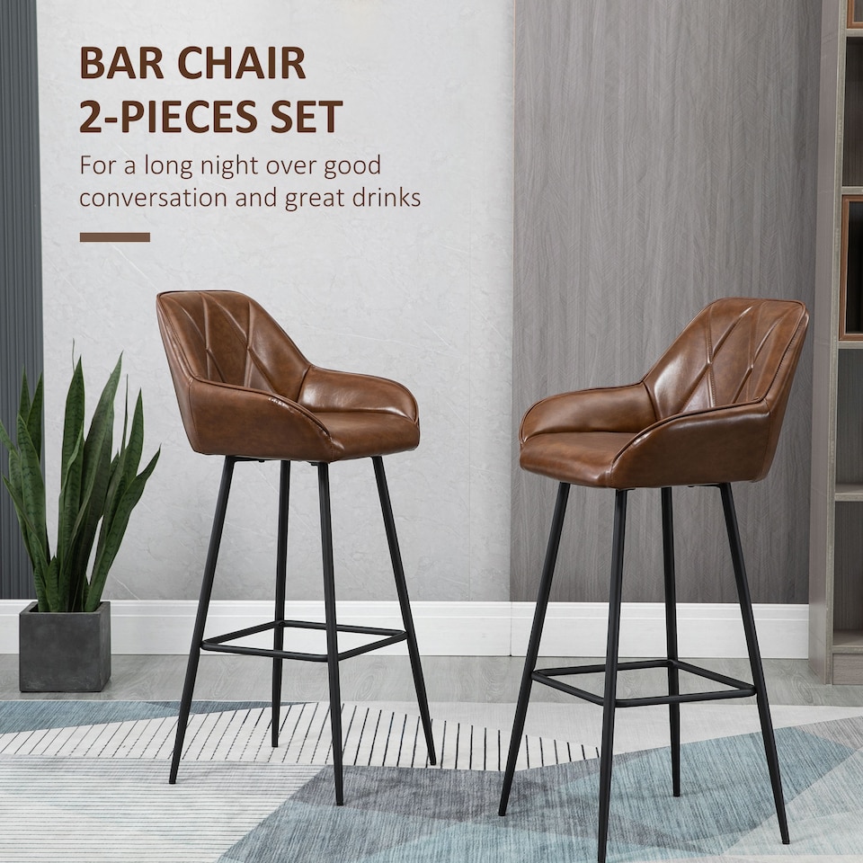image 1 of HOMCOM Retro Bar Stools Set of 2, Breakfast Bar Chairs with Footrest, Kitchen Stools with Backs and Steel Legs, for Dining Area and Home Bar, Brown