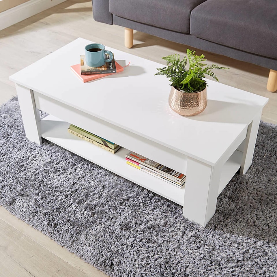 image 1 of Wooden Coffee Table With Lift Up Top Storage Area and Magazine Shelf | White