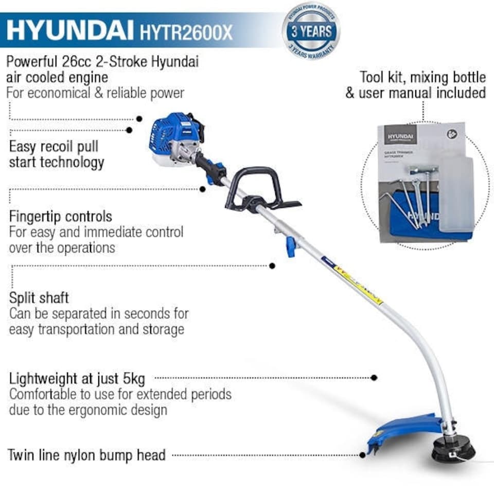 image 1 of Hyundai 26cc Split Shaft Petrol Grass Trimmer 38cm Cutting Width HYTR2600X