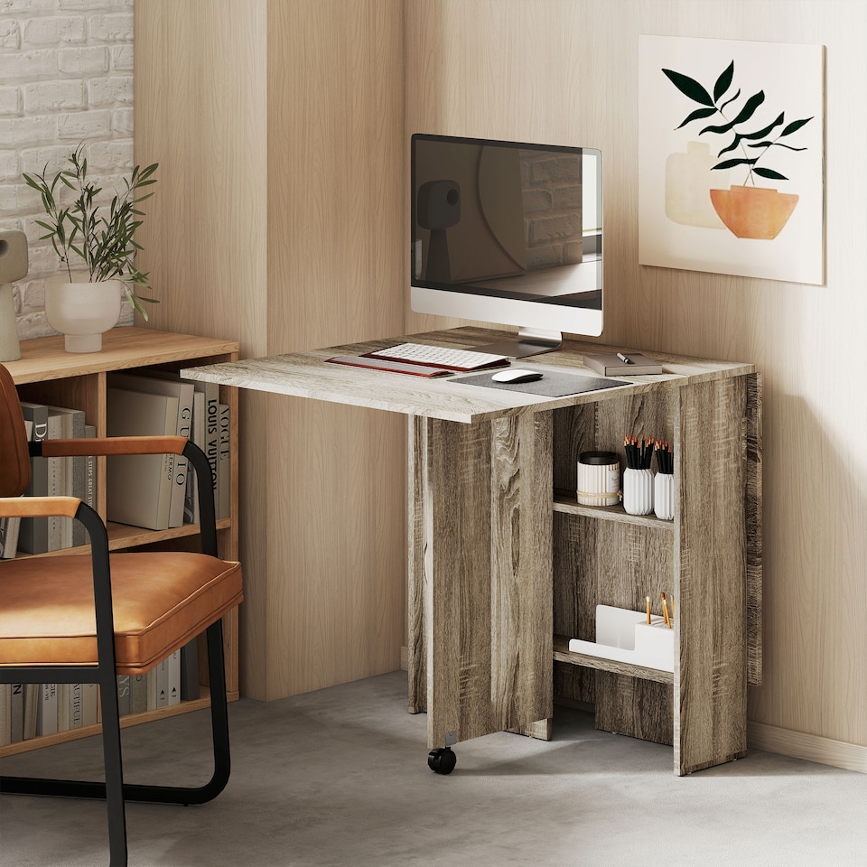 image 1 of HOMCOM Folding Dining Table, Drop Leaf Table with 2-Tier Shelves, Rolling Casters, for Small Spaces, Kitchen, Grey