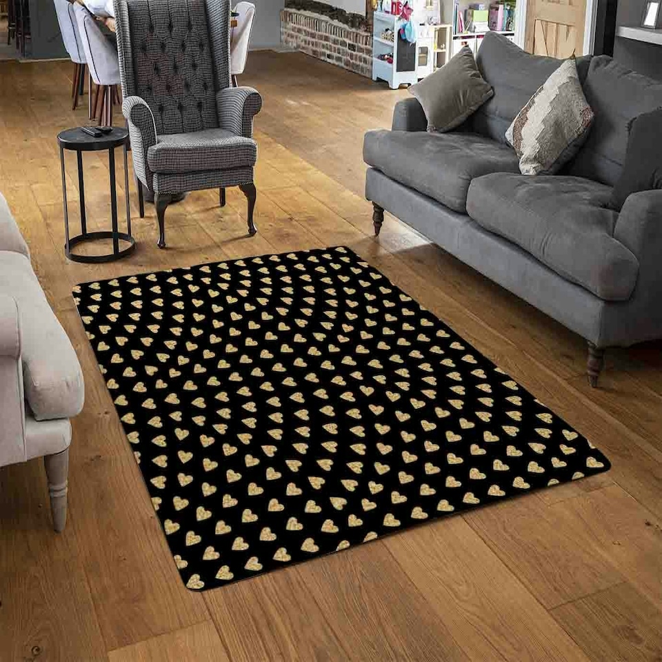 image 1 of Geometric Glitter Love Hearts (Rug) Black | Small: 60x110cm