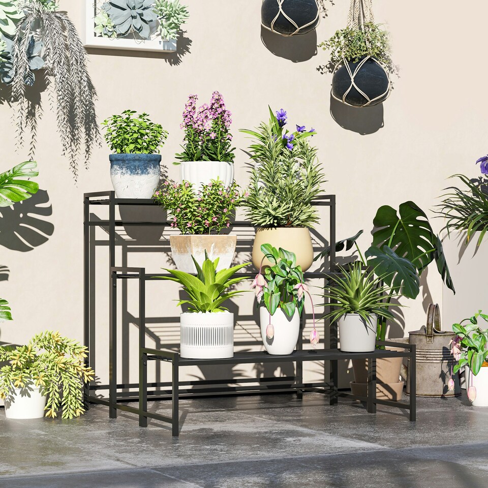 image 1 of Outsunny 3-Tier Metal Plant Stand, Modern Ladder Shelf for Garden, Black