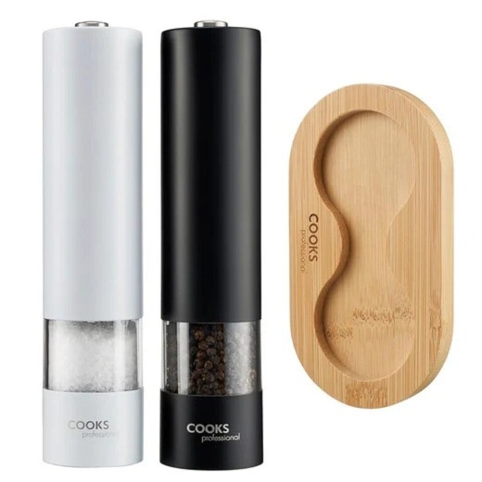 image 1 of Cooks Professional Electric Salt & Pepper Mill Set with Bamboo Base | Adjustable Grind Settings | Simple One-Button Operation | Black & White
