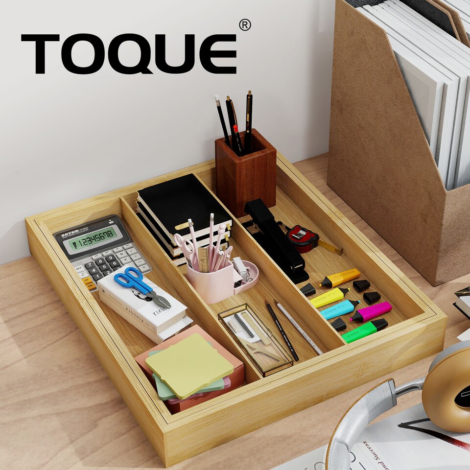 TOQUE Bamboo Expandable Kitchen Drawer Organizer 5 Slot Waterproof