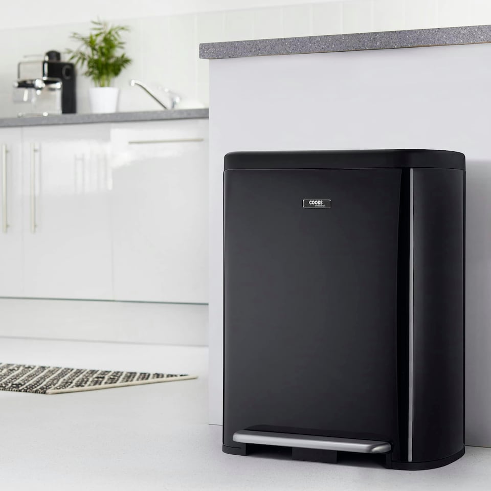 image 1 of Cooks Professional Dual Recycle Pedal Bin 60L | Single Pedal | 2 x 30L Removable Compartments | Black