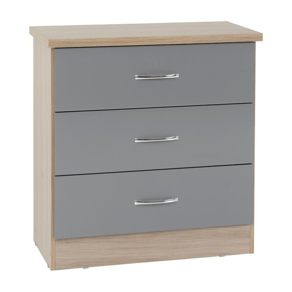 image 1 of Nevada 3 Drawer Chest - L40 x W81 x H70.5 cm - Grey Gloss/Light Oak Effect Veneer