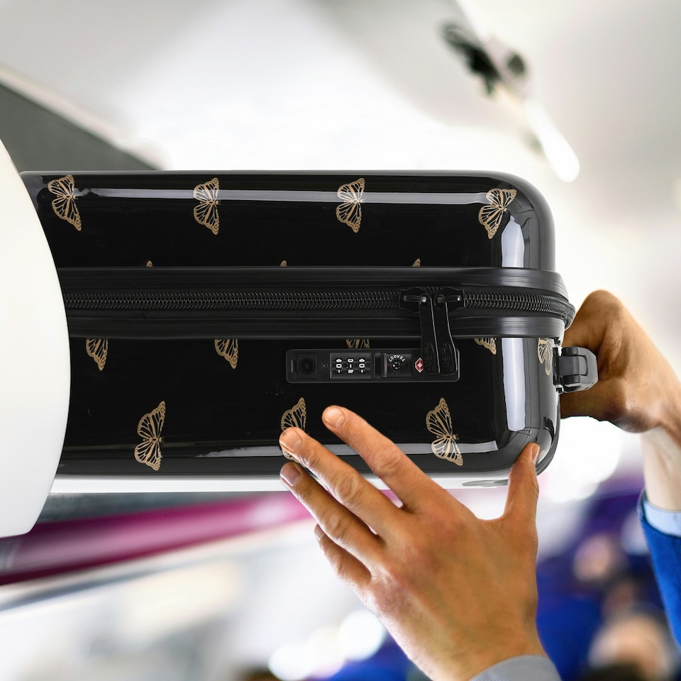 image 1 of Flight Knight Carry On Suitcase - 8 Wheel TSA Lock USB Port - Anti Crack Case Hard Luggage Approved for easyJet, Jet2, BA Black | Black/Gold Butterfly | Cabin Bag