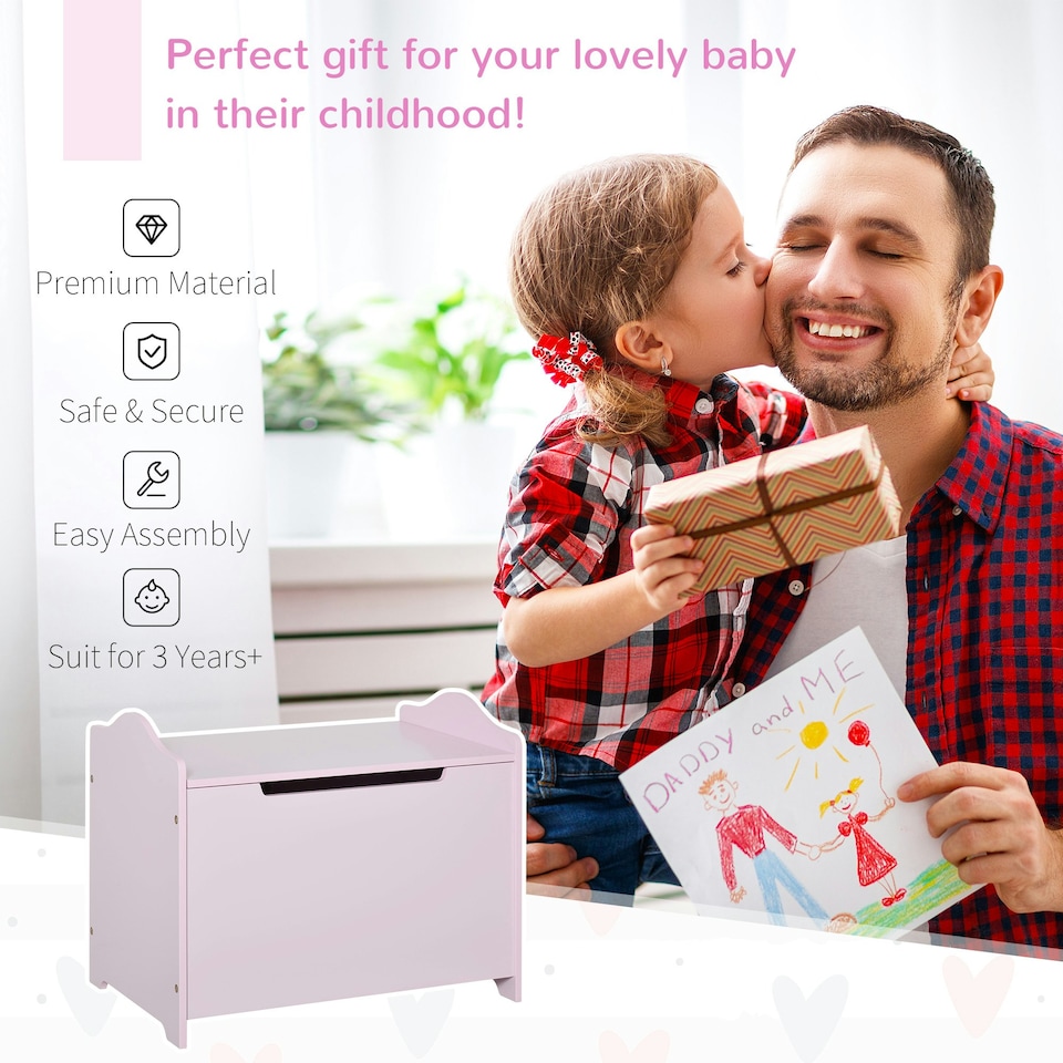 image 1 of HOMCOM 40x60cm Kids Storage Box Toy Organiser for Child 3 Yrs+ Bedroom Pink Grey | 60cm x 40cm x 48cm