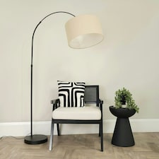 ValueLights Louis Black Arched Curved Floor Lamp with Natural Fabric Drum Lamp Shade and LED Bulb