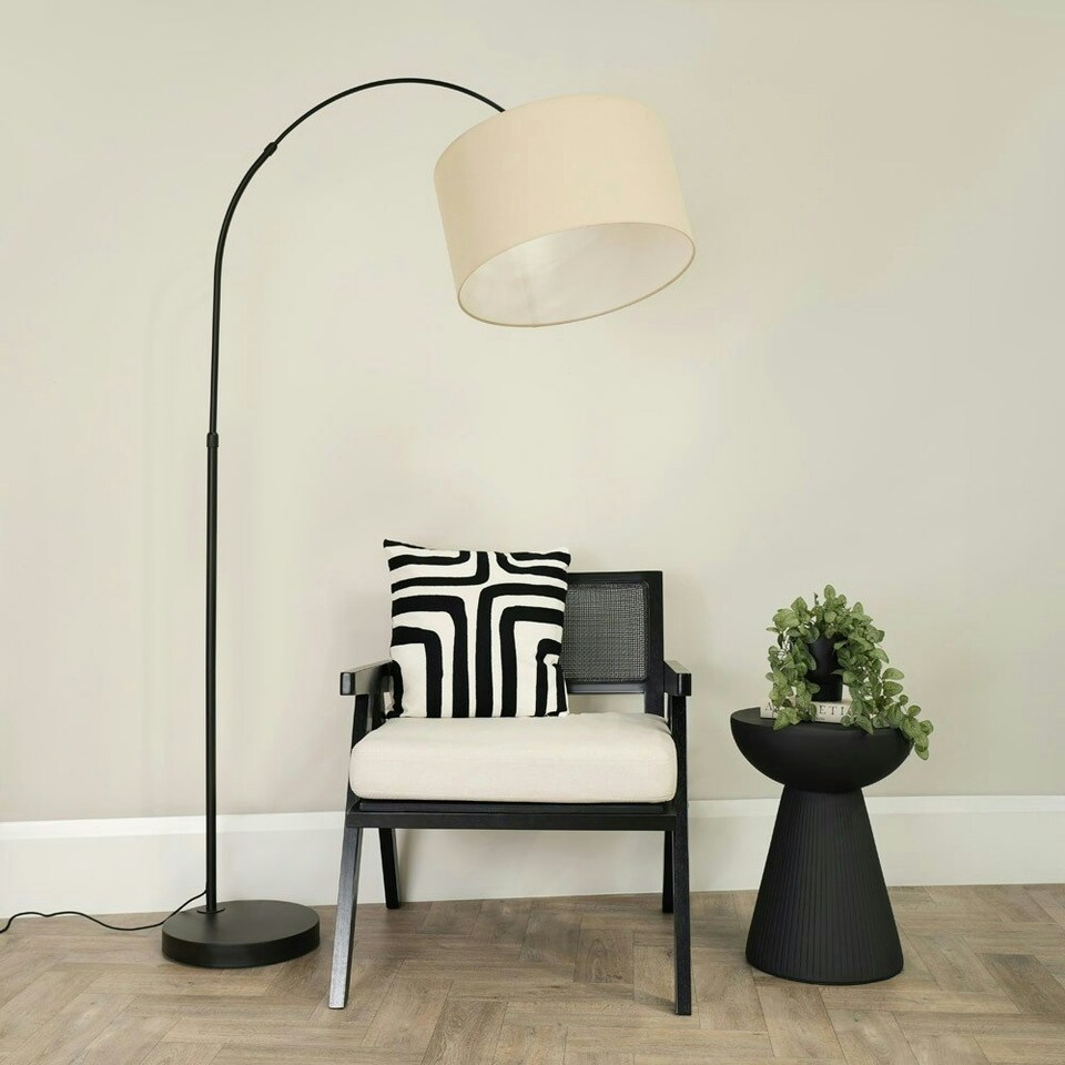 image 1 of ValueLights Louis Black Arched Curved Floor Lamp with Natural Fabric Drum Lamp Shade and LED Bulb