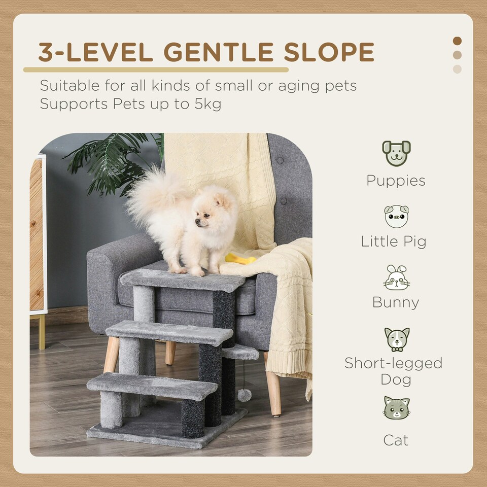 image 1 of PawHut Pet Stairs with 3-step Stair, Scratching Posts, Platforms, Toy Ball