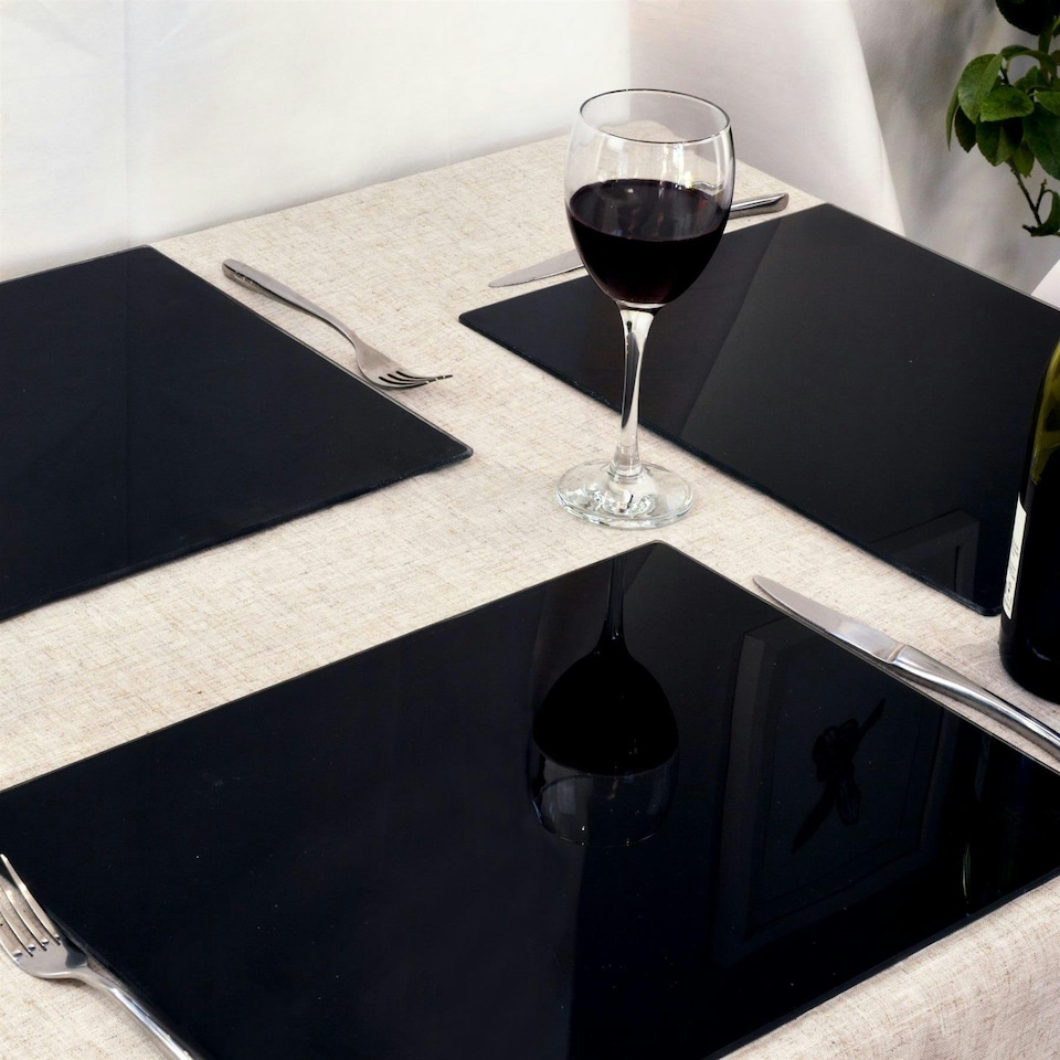 image 1 of Harbour Housewares Black Glass Dining Set - 12pc - 40 x 30cm Placemats & Coasters Black