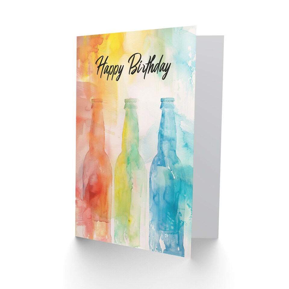 image 1 of Beer Bottles Soft Watercolour Rainbow Colour Birthday Card
