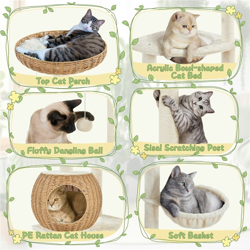 image 1 of Yaheetech 137.5 cm Tall Woven Rattan Cat Nest Beige