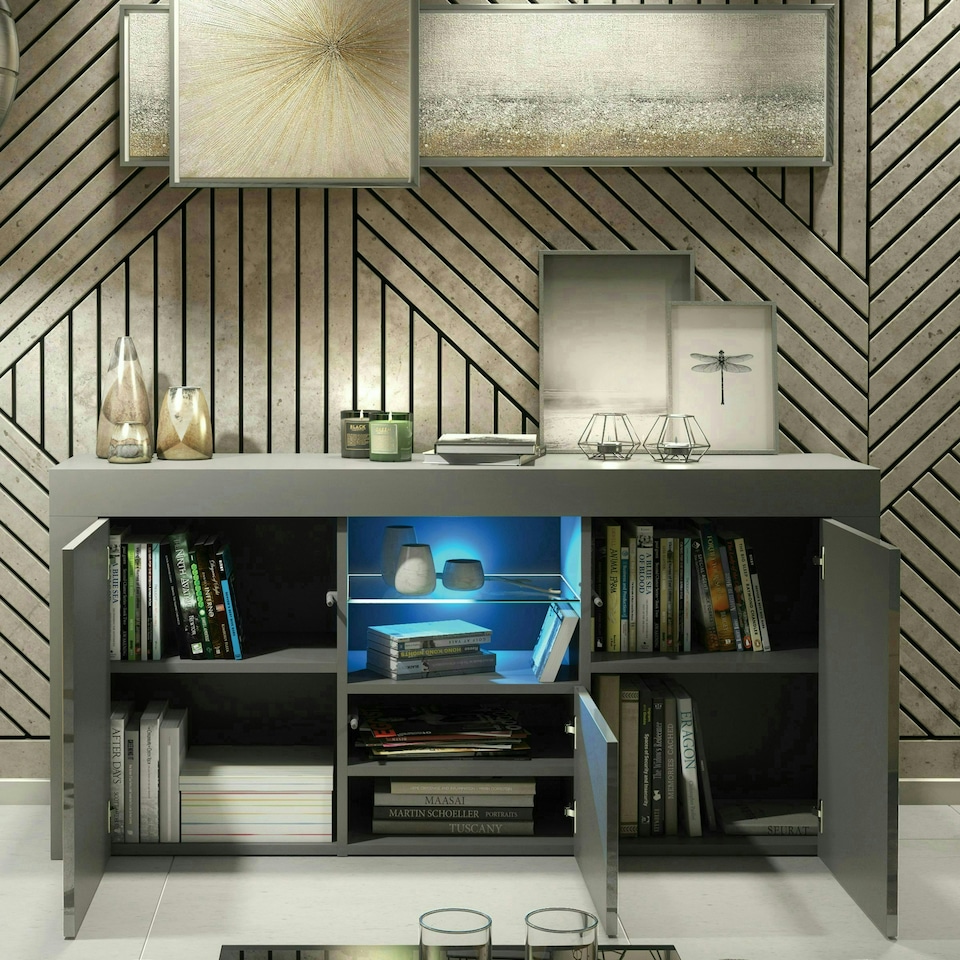 image 1 of Grey TV Unit 145cm Gloss Doors Free LED Modern Media Cabinet Grey