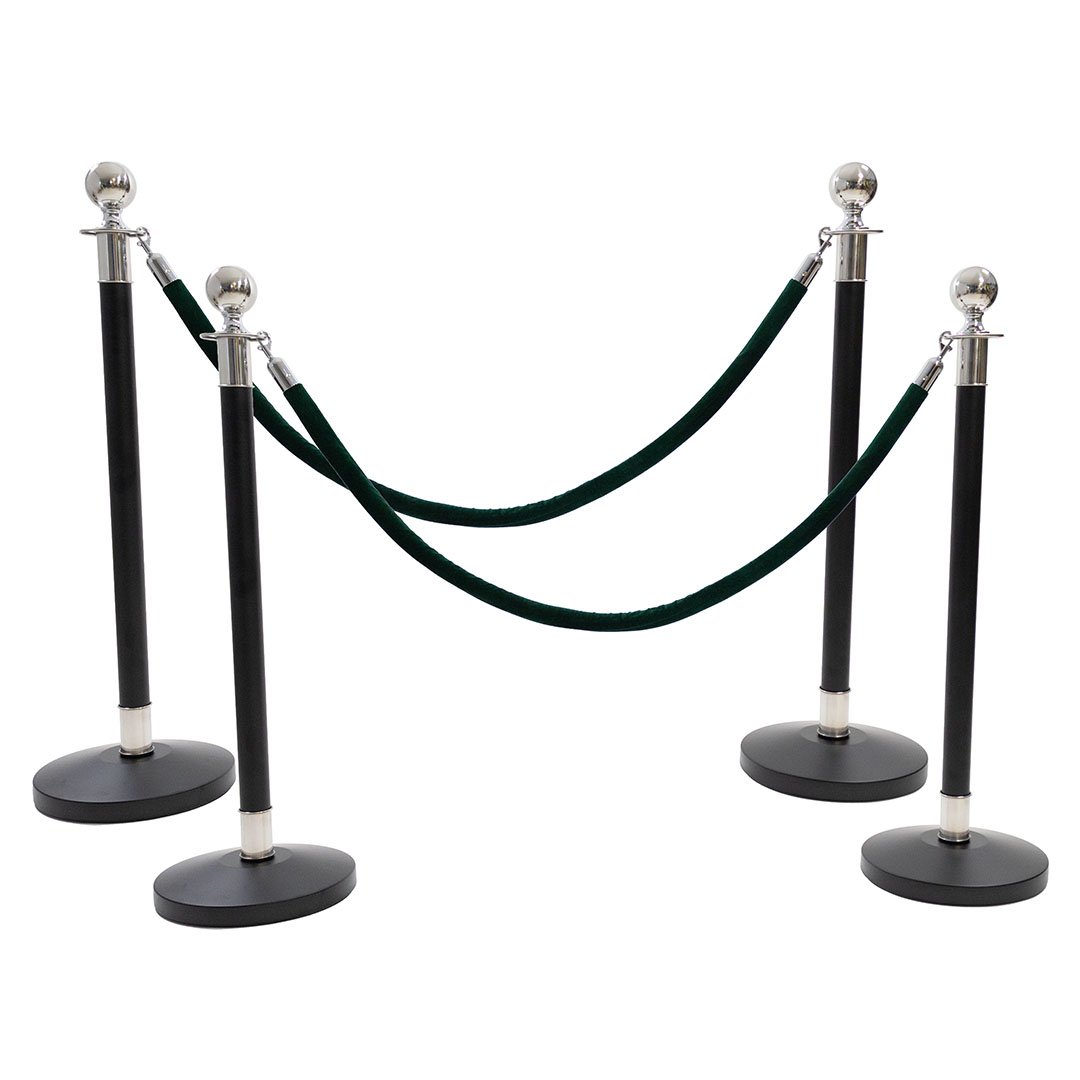 4 Silver Finish Black Stanchion Poles with 2 Dark Green Velvet Ropes