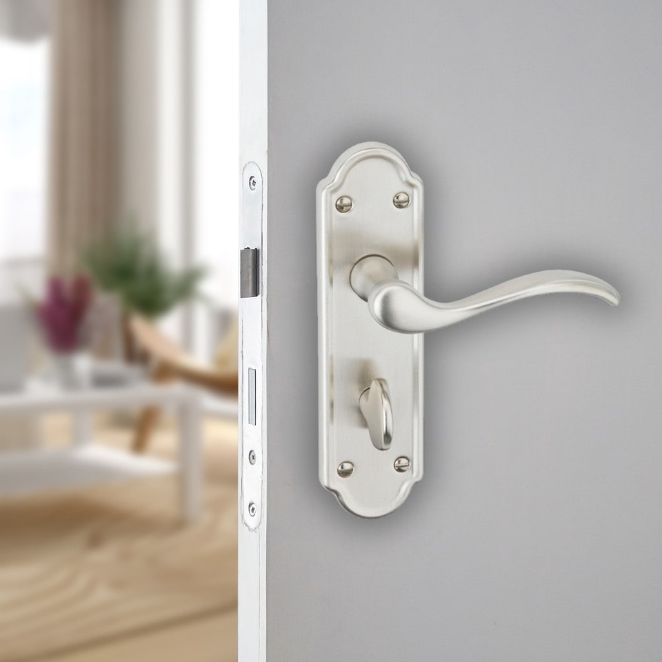image 1 of Lisbon Metal Lever Latch Door Handles Set Round Rose Internal & External | Silver | Satin Nickel Bathroom