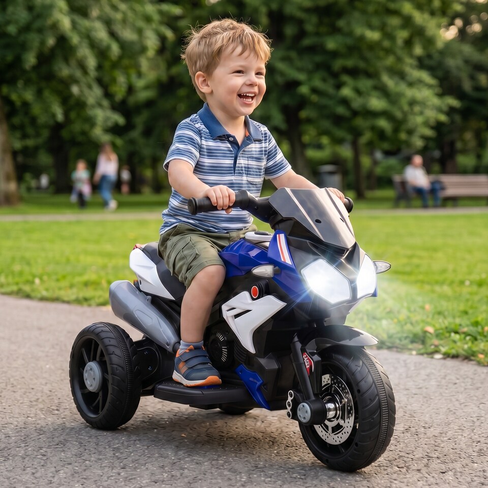 image 1 of HOMCOM Kids Electric Motorcycle with 3 Wheels, Headlight, Music, Horn, Blue