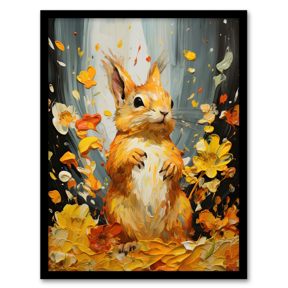 image 1 of Autumn Again Red Squirrel Amber Leaves Orange Heavy Black Framed Wall Art Print A4