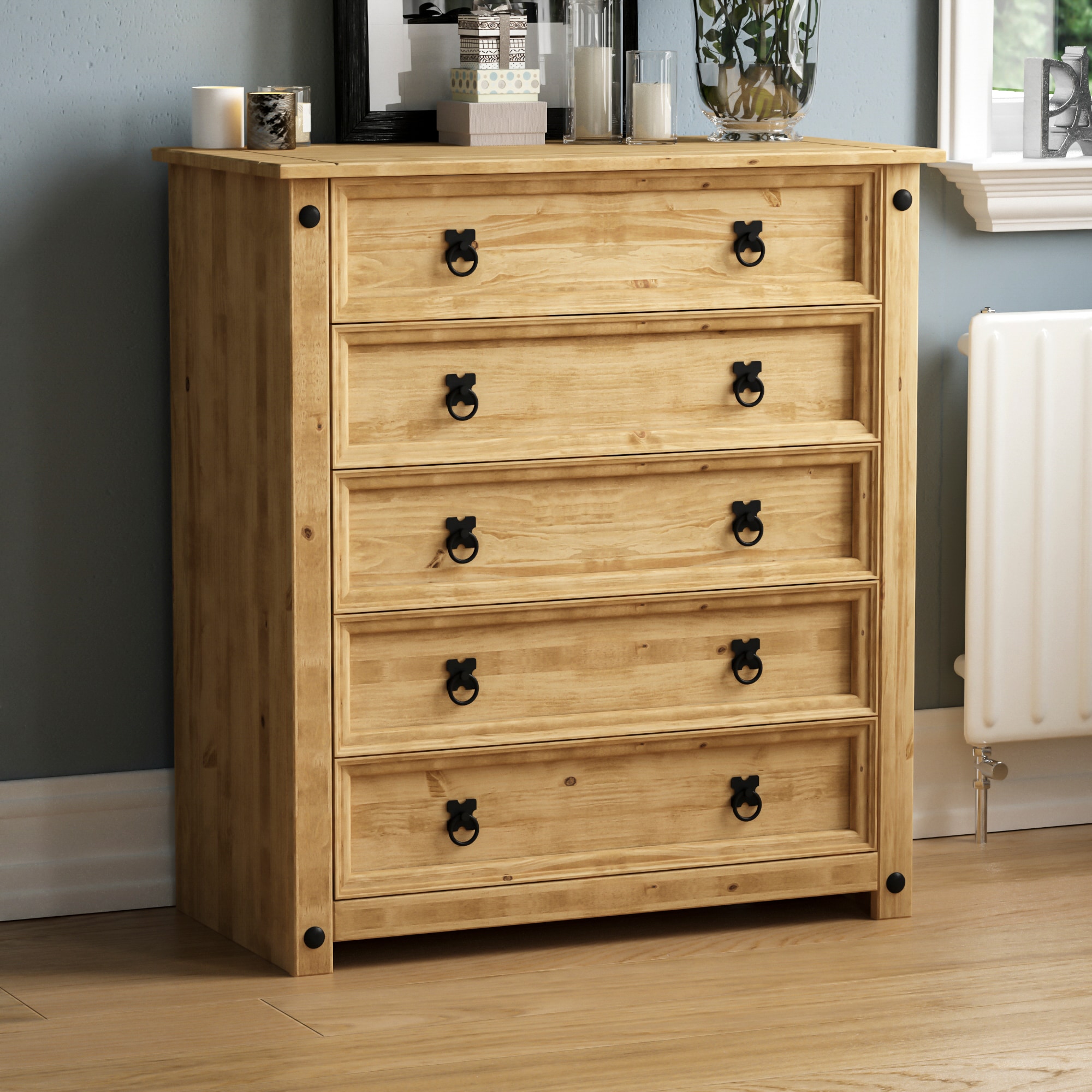 Vida Designs Corona 5 Drawer Chest of Drawers Rustic Furniture, Solid Pine Wood