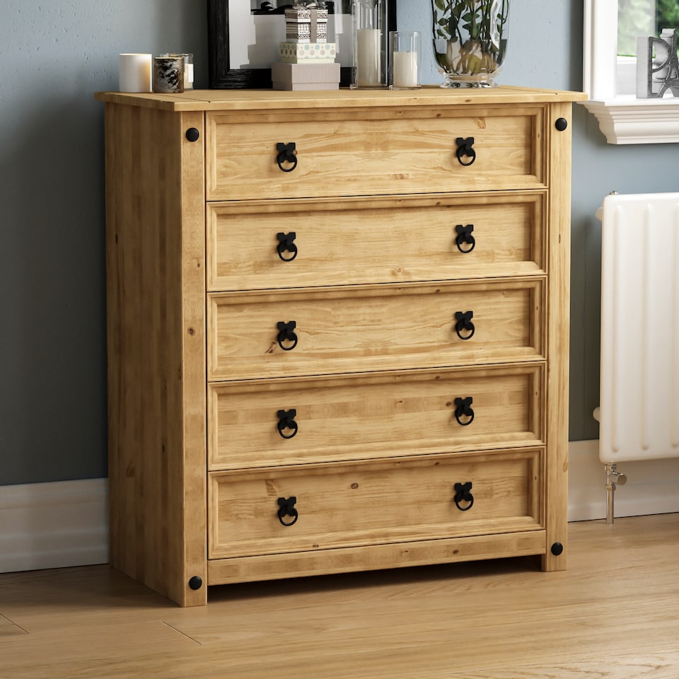 image 1 of Vida Designs Corona 5 Drawer Chest of Drawers Rustic Furniture, Solid Pine Wood