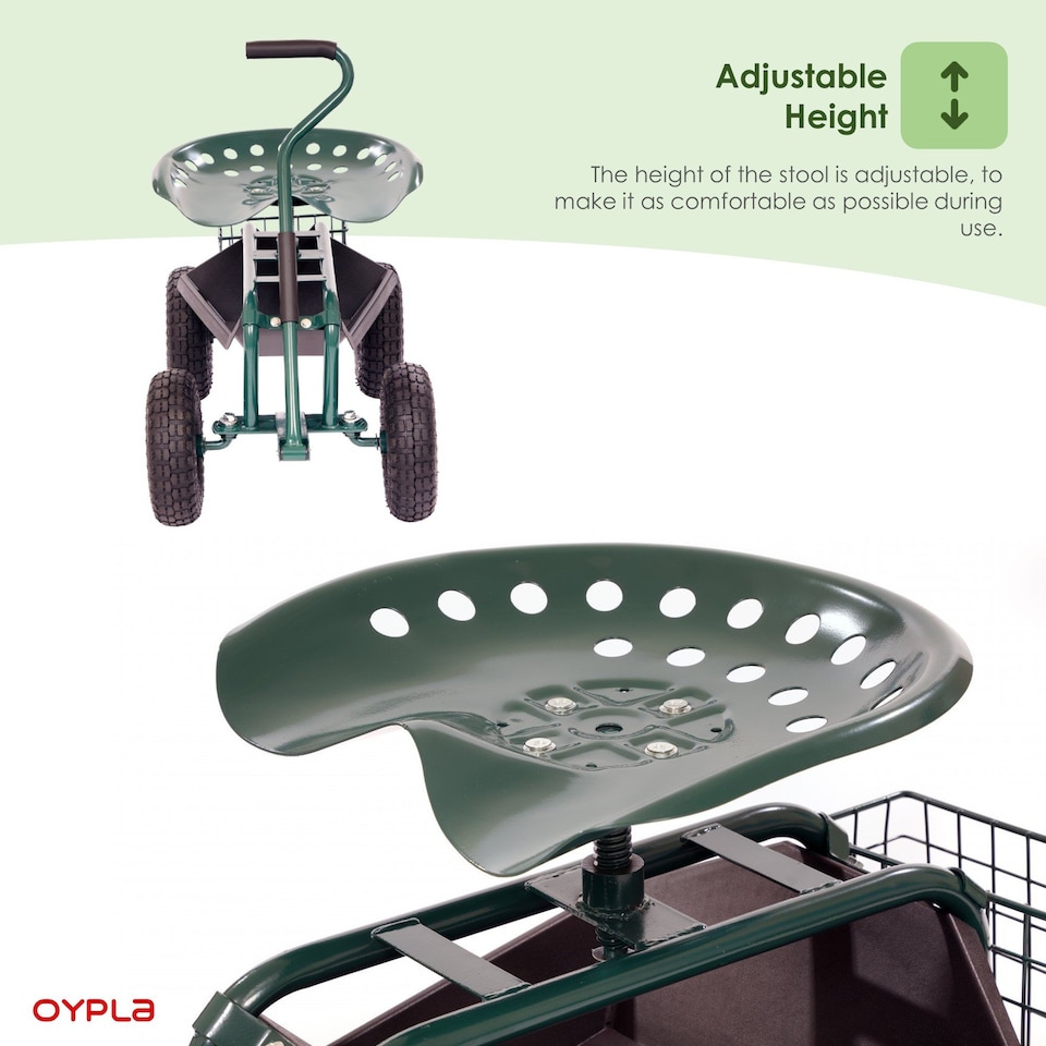 image 1 of Outdoor Rolling Garden Seat Wheeled Stool with Tool Tray & Basket | Green