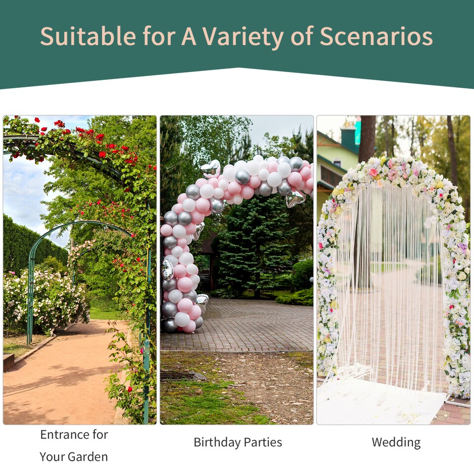 image 1 of Outsunny Metal Garden Arch Trellis, Decorative Arbour Archway for Walkway Path Ceremony Wedding Party, 120 x 30 x 226cm